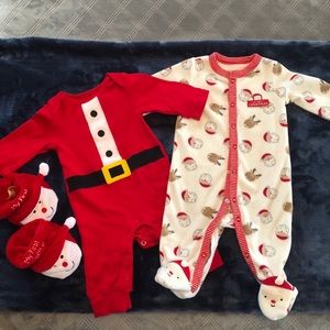 2 Carter’s Christmas outfits and slippers